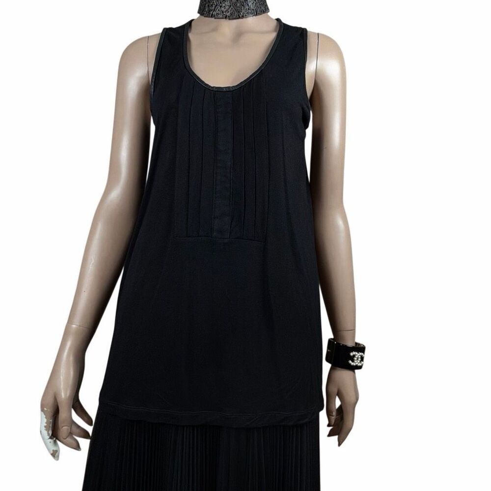 Givenchy Black Sleeveless Pleated Front Viscose Tunic Top Lambskin Trim Size M ( - Picture 2 of 13